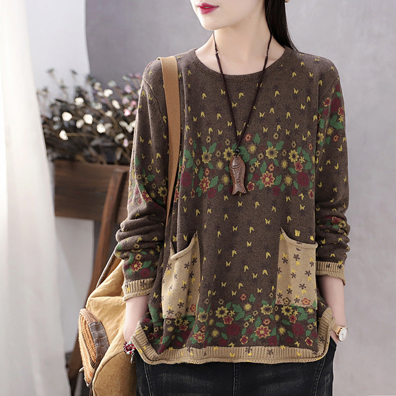 Retro Casual Crew Neck Printed Sweater