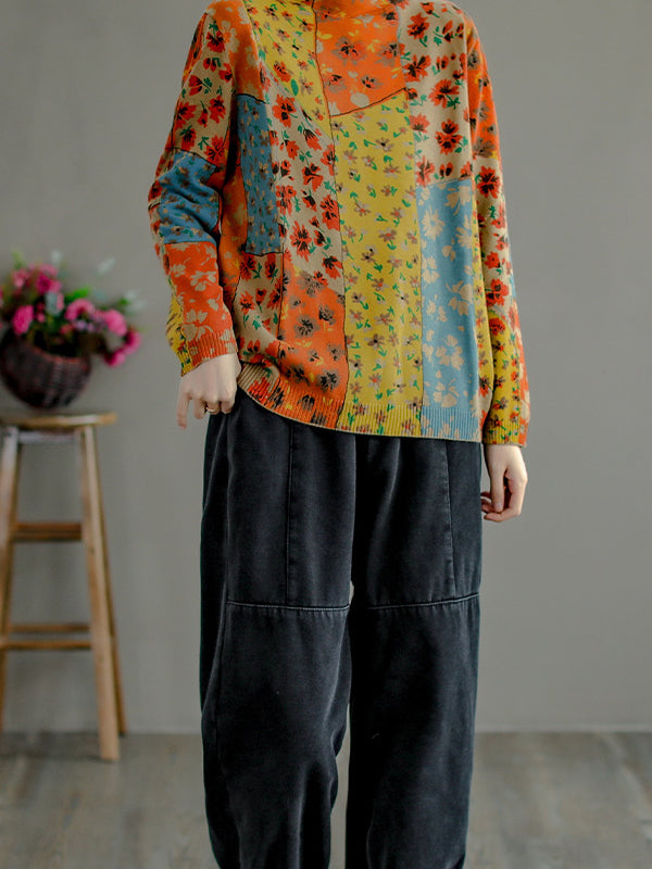 Splicing Print Vintage Pullover Sweater