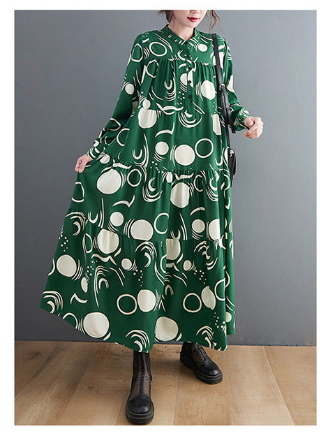 Vintage Print Long Sleeve Midi Dress