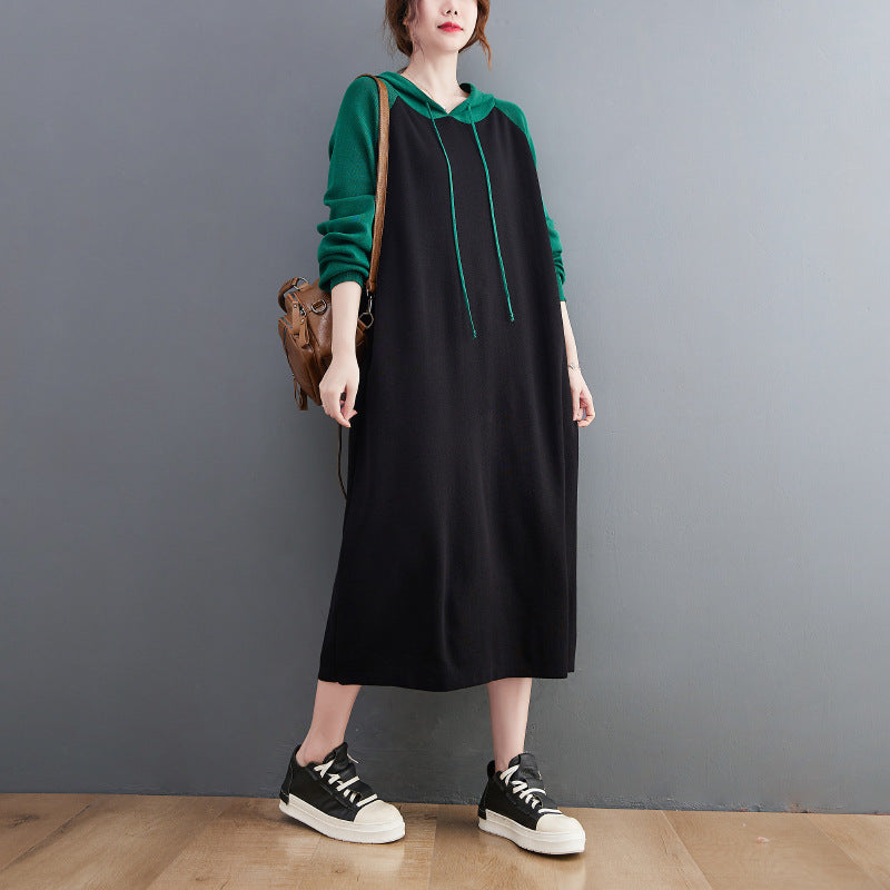 Retro Loose Color-Block Hooded Midi Dress