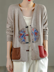 Vintage Printed Plate Button Sweater Coat