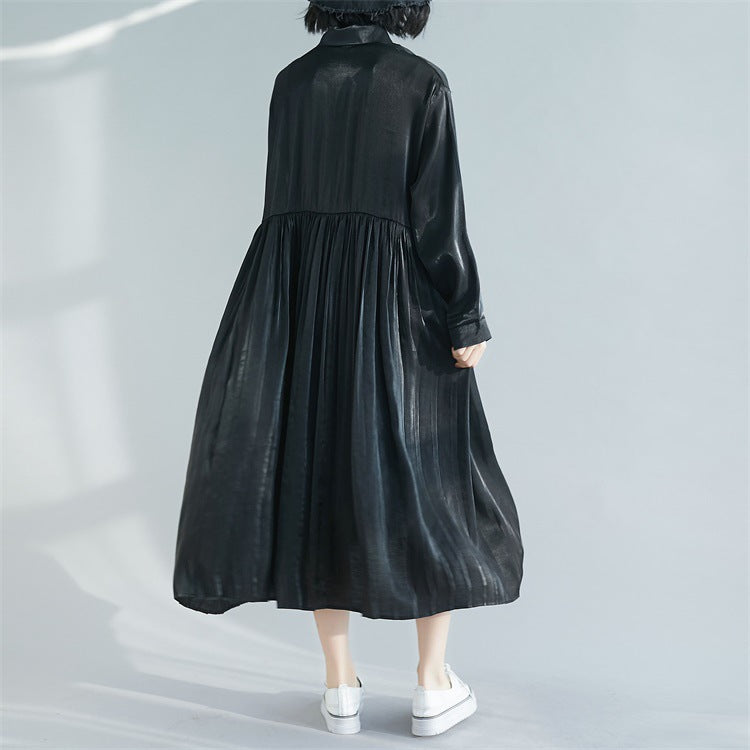 Lapel Solid Pleated Midi Dress