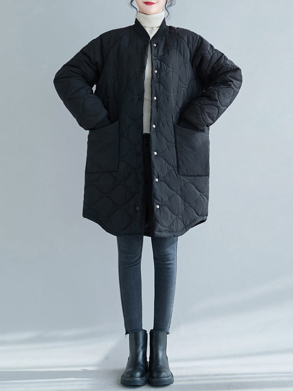 Women Stand Collar Plaid Solid Color Casual Coat