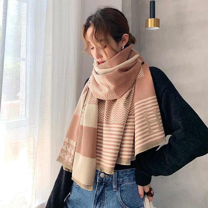 Color Block Big Shawl Imitated Cashmere Scarf