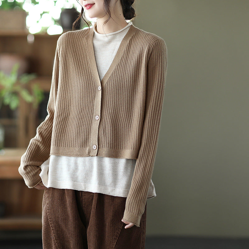 Retro Color-Block Fake Two-Piece Knitted Sweater Cardigan