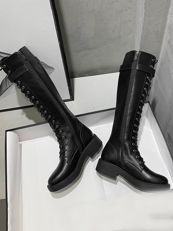 Casual Lace-Up Slim Black Long Boots