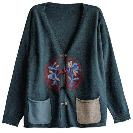 Vintage Printed Plate Button Sweater Coat