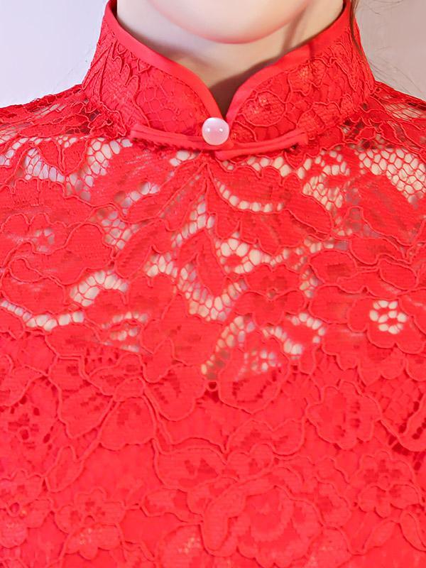 Red Lace See-through Split-side Short Cheongsam