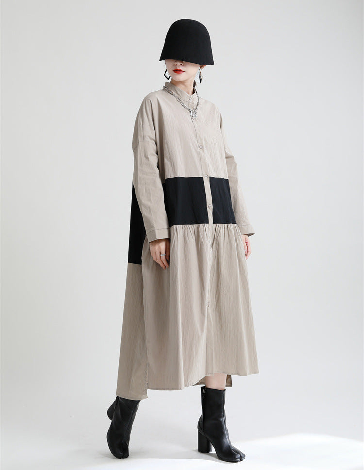 Stitching Contrast Color Loose Big Swing Long Sleeve Dress