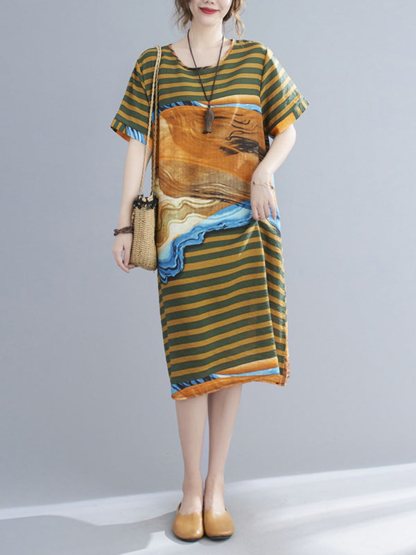 Ethnic Print Loose Round Neck Short Sleeve Dress