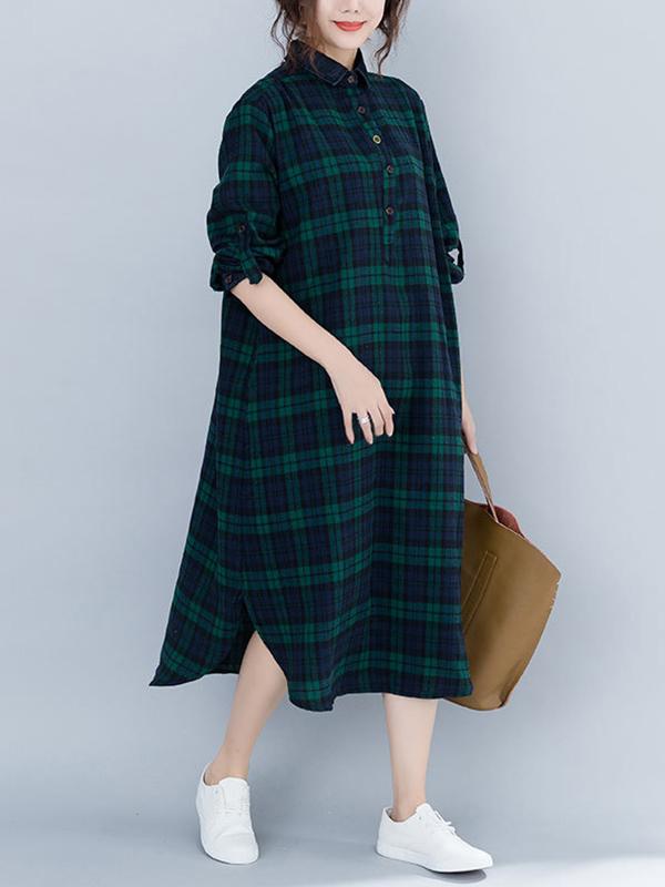 Loose Plaid Split-Joint Shirt Dress
