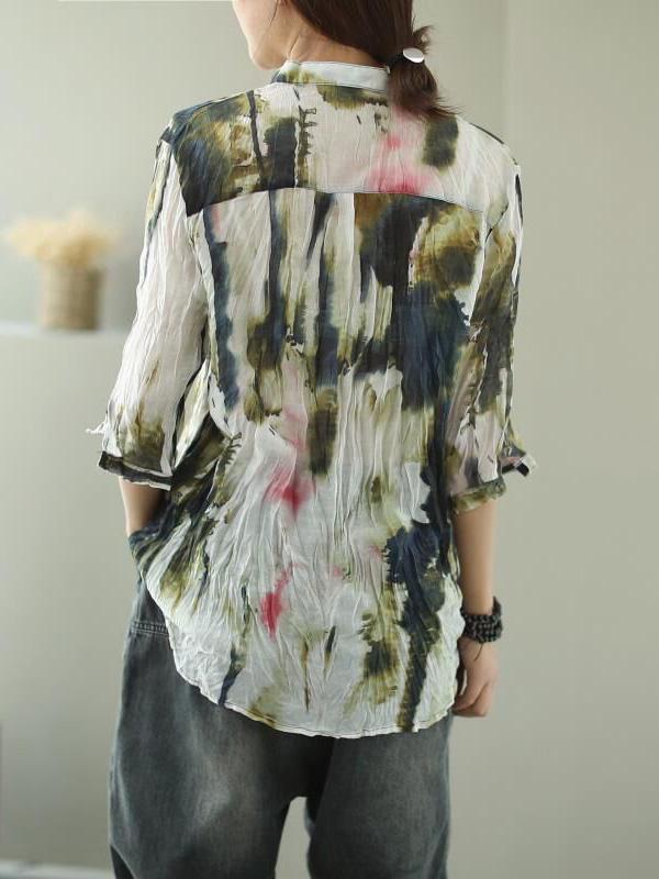 Vintage Printed Three-Quarter Sleeve Stand Collar Shirt
