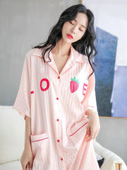 Strawberry Print Striped Ice Silk Loose Pajamas