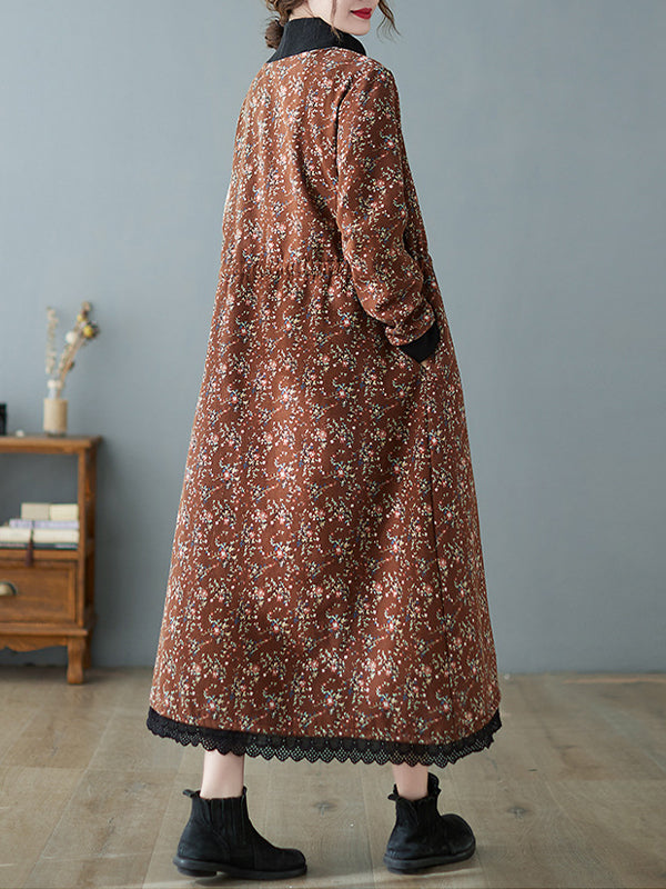 Patchwork Collar Floral Lace-Up Long Midi Dress