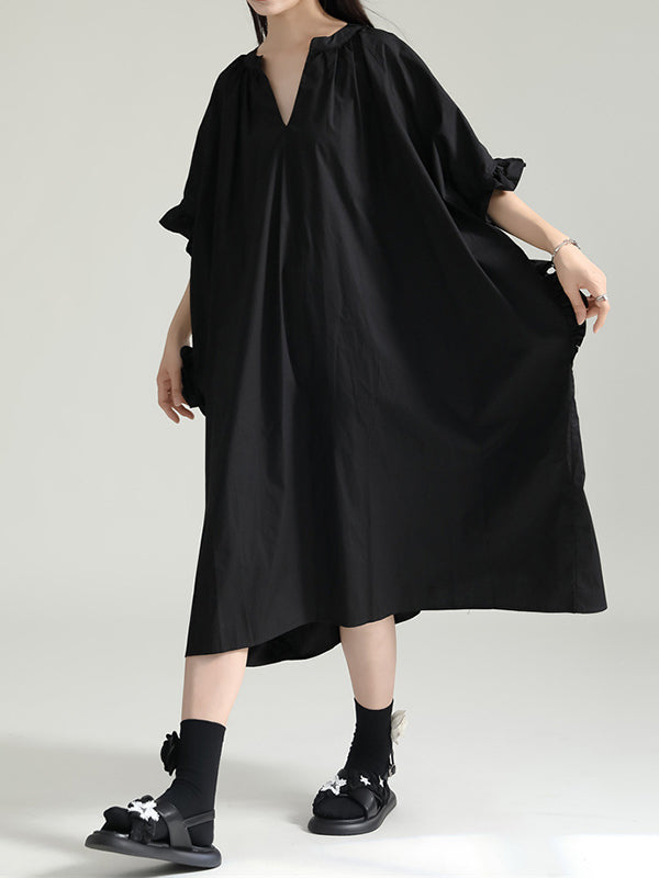 Drawstring Falbala Pleated Pure Color Batwing Sleeves Roomy V-Neck Shirt Dress Midi Dresses