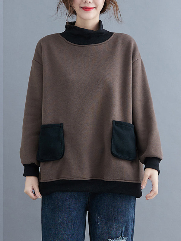 Women Loose Stitching Contrast Color High Neck Sweatshirt