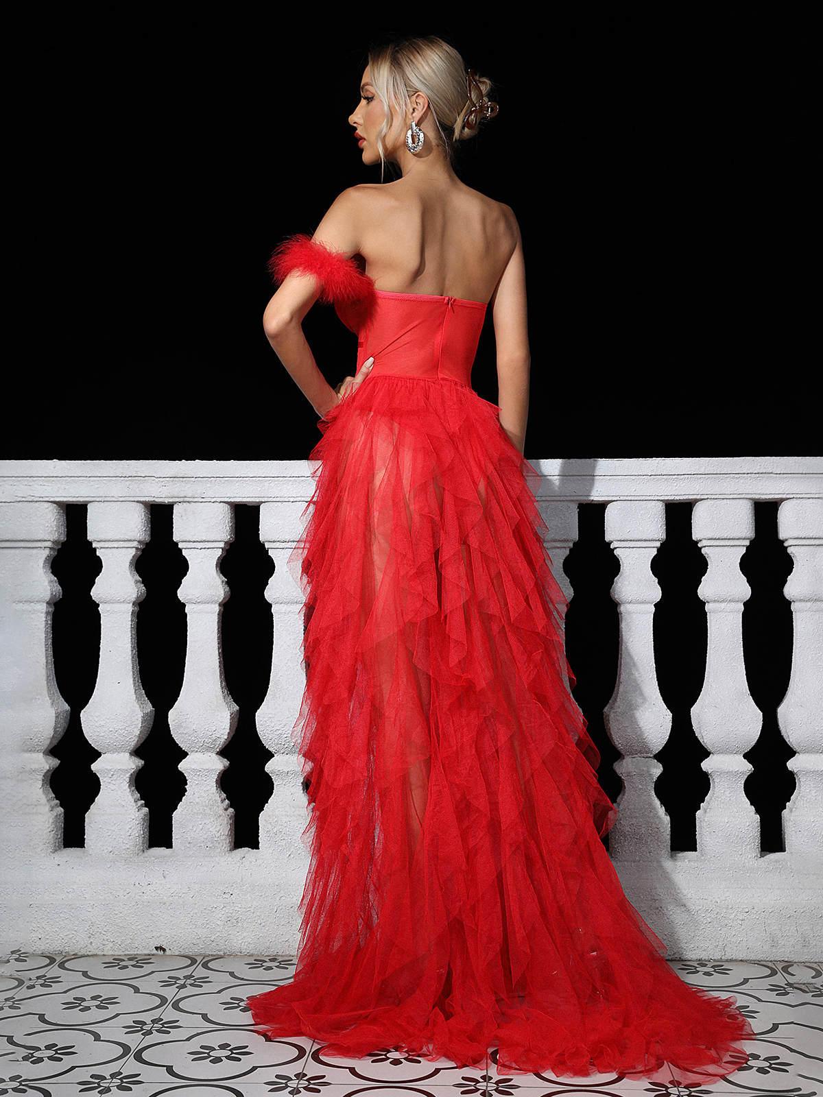 Titania One Shoulder Tulle Maxi Dress In Red