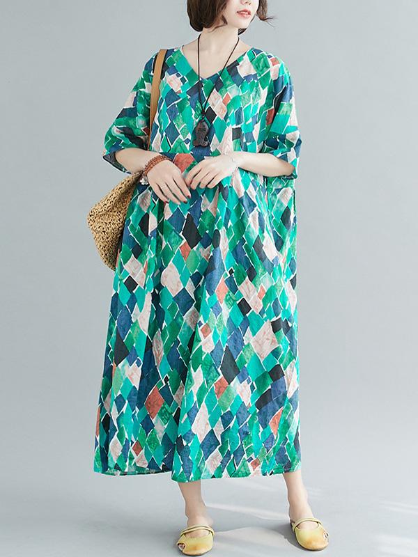 Loose Rhombus Print V-Neck Dress