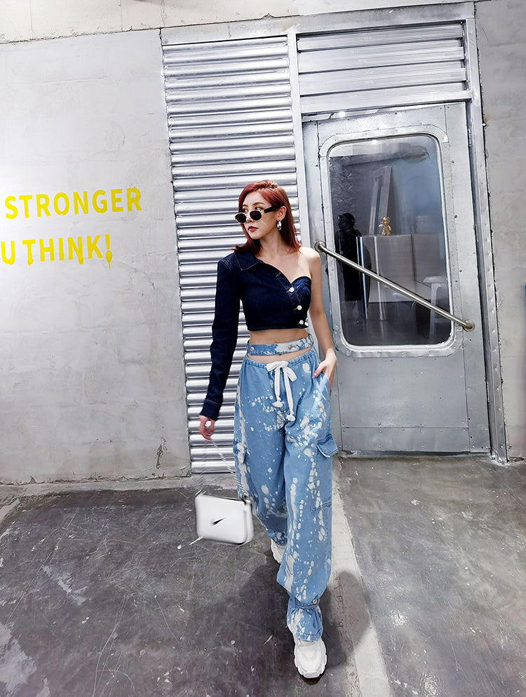 High Waist Hollow Denim Casual Pants