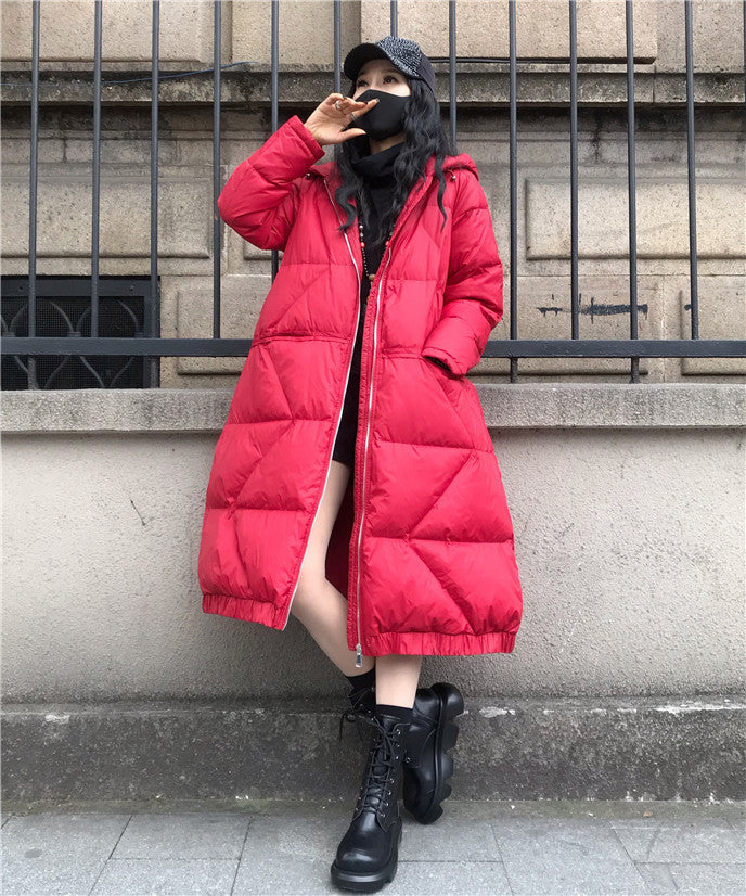 Large Size Loose Mid-Length Thick Hooded Down Coat