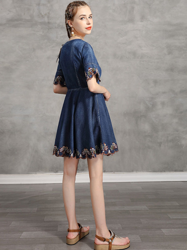 Original Applique V-Neck Denim Dress
