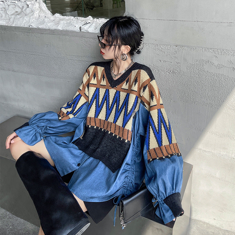 Urban Loose Splicing Denim Sweatshirt