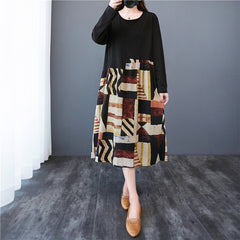 Women Print Stitching Long Sleeve Dress