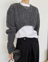 High Waist Short Round Neck Cable Sweater