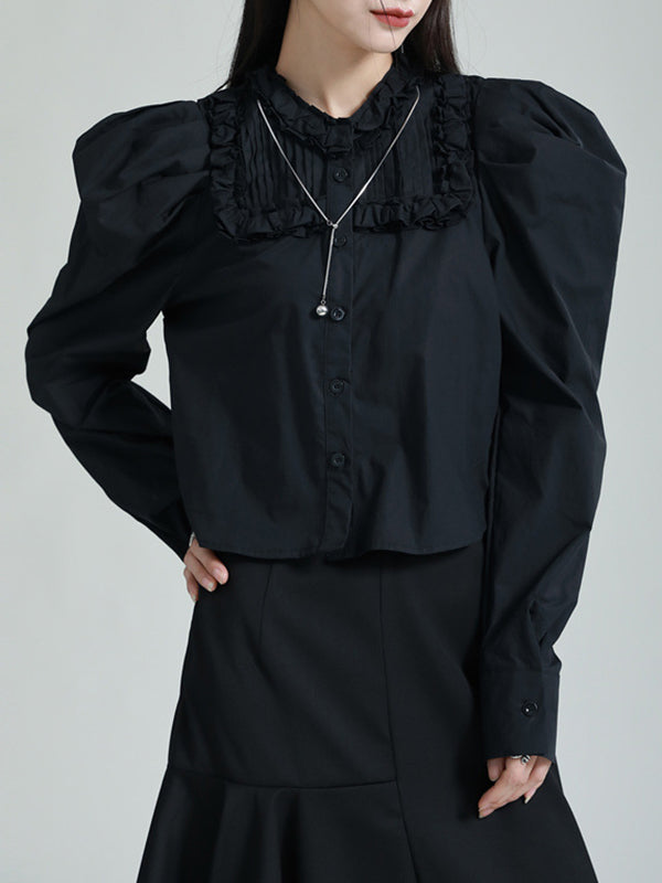 Long Sleeves Bishop Sleeve Split-Joint Pure Color Round-Neck Blouses&Shirts Tops