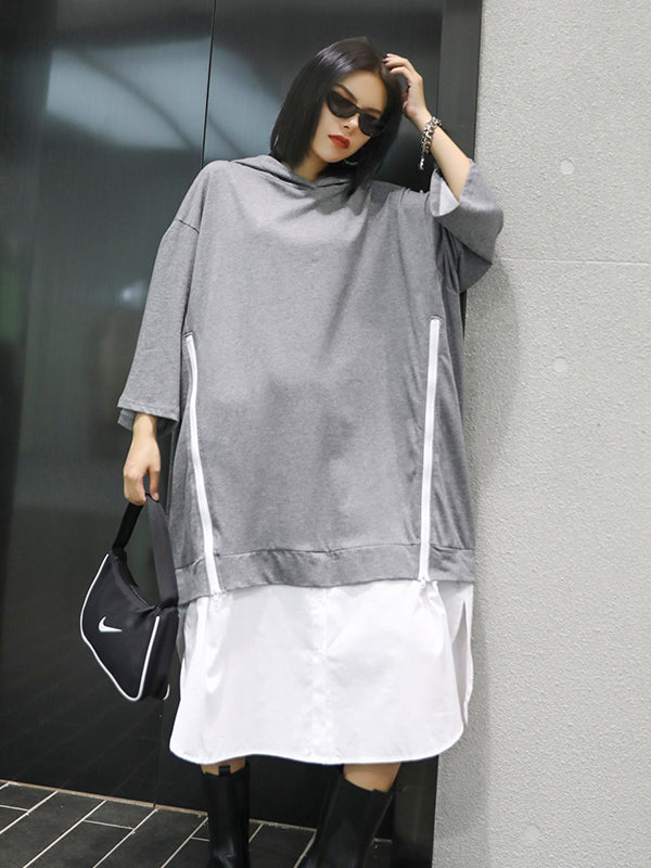 Women Color Block Hooded Long Midi Dress