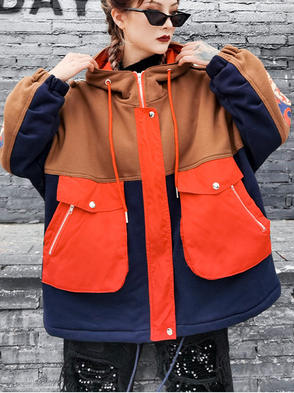 Women Loose Stitching Hooded Coat