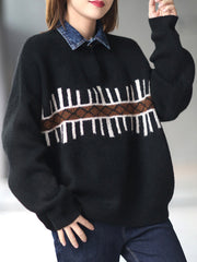 Women Loose Stitching Printed Casual Sweater