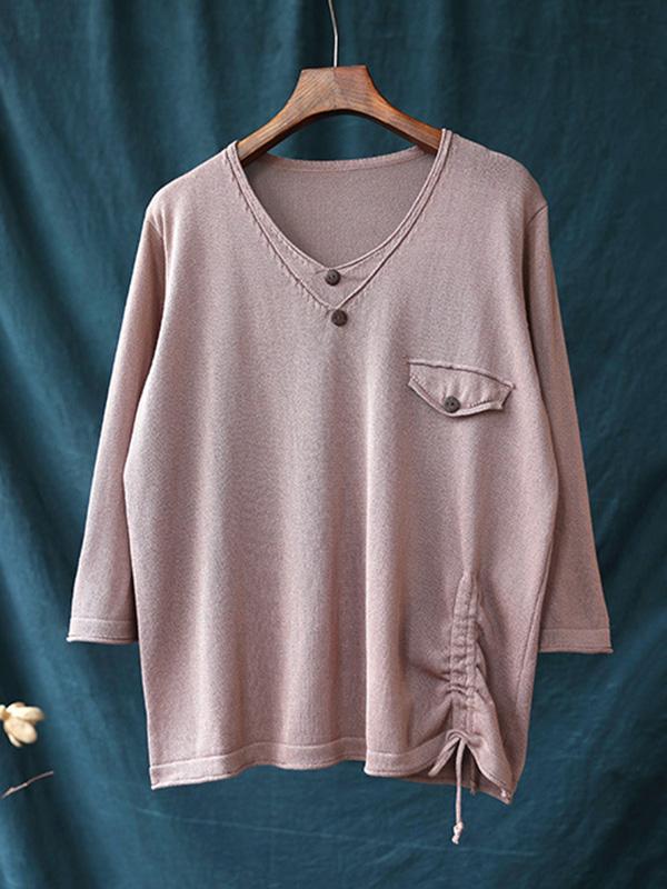 Loose Solid Color V-Neck Long Sleeve T-Shirt