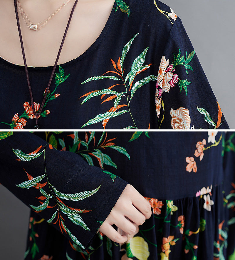 Round Neck Long Sleeve Floral Printed Retro Maxi Dress