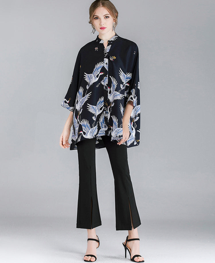 Crane Print Loose Oversized Shirt