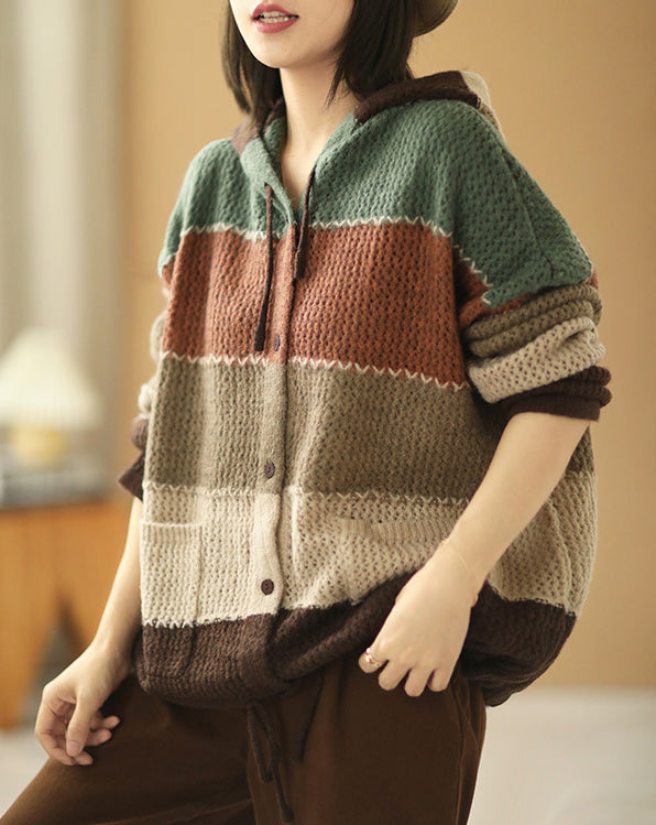 Casual Color Striped Hooded Knit Sweater