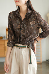 Retro Flora Printed Long Sleeve Blouse