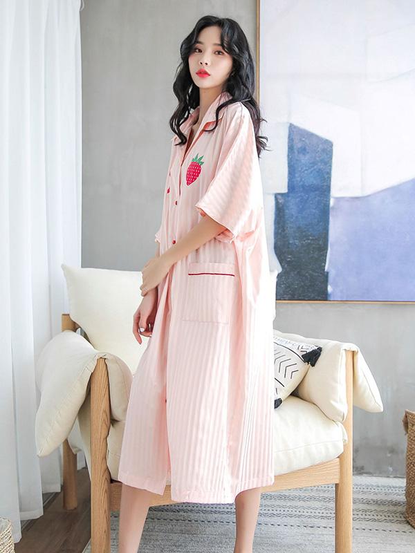 Strawberry Print Striped Ice Silk Loose Pajamas