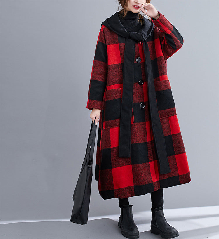 Hooded Thick Woolen Plaid Loose Long Coat