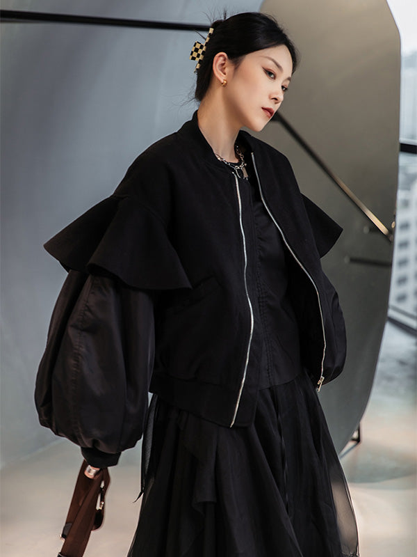 Simple Black Solid Lantern Sleeve Short Jacket