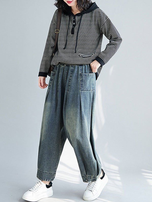 Women Retro Solid Color Loose Casual Pants