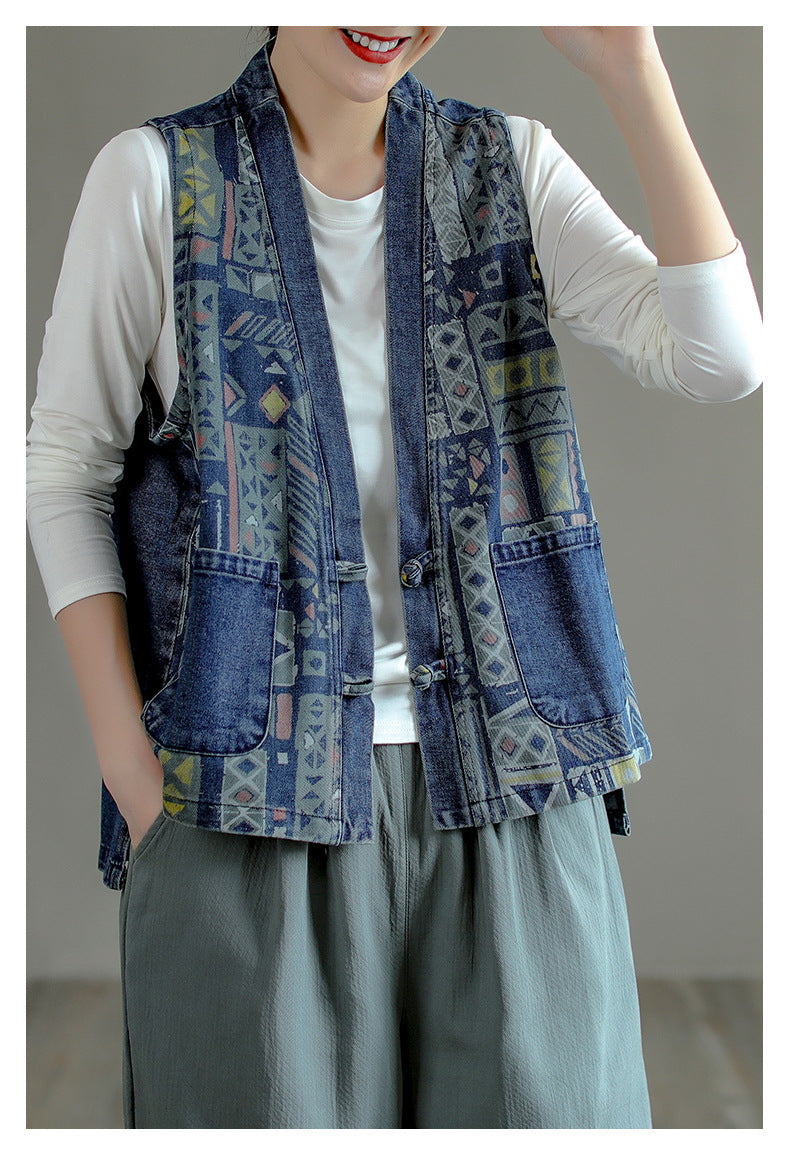 Retro Ethnic Printed Splicing Waistcoat