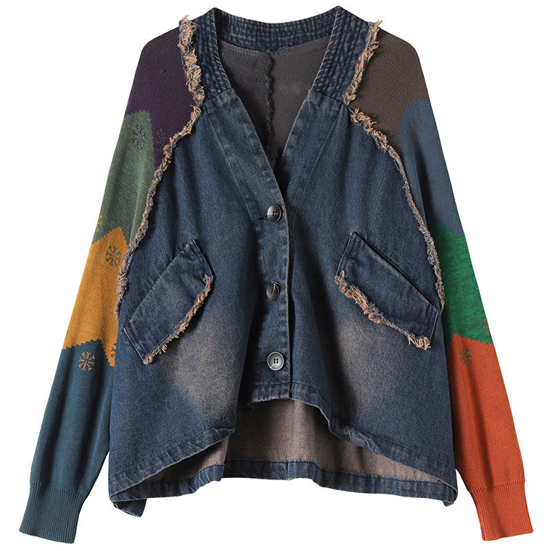 Casual V-Neck Stitching Long Sleeve Denim Jacket