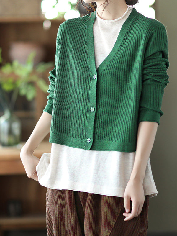 Retro Color-Block Fake Two-Piece Knitted Sweater Cardigan