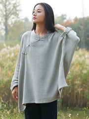 Vintage Solid Color Loose Button Bat Sleeve T-Shirt