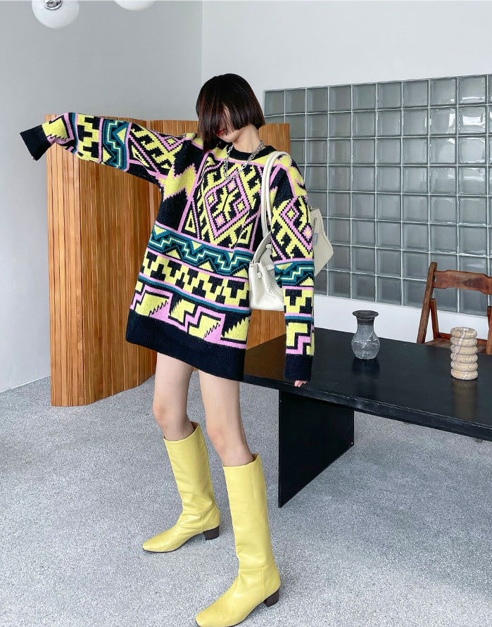 Ethnic Style Loose Geometric Jacquard Sweater