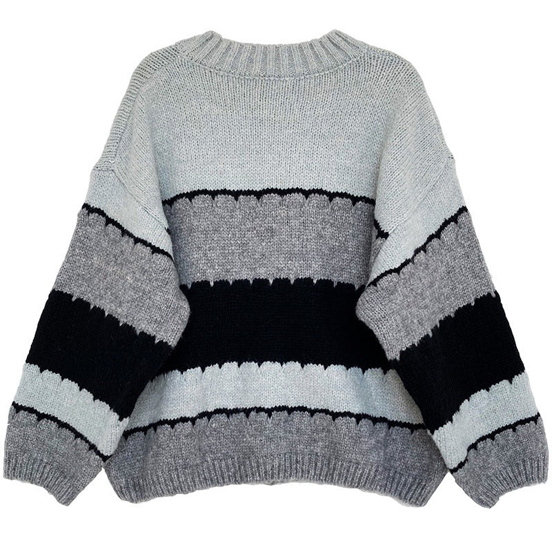 Color Block Round Neck Knitted Sweater Coat