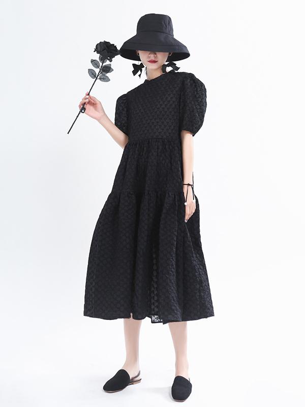 Vintage Puff Sleeve Textured Solid Midi Dress