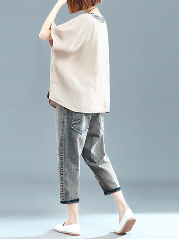 Loose Linen Frog V-neck T-shirt