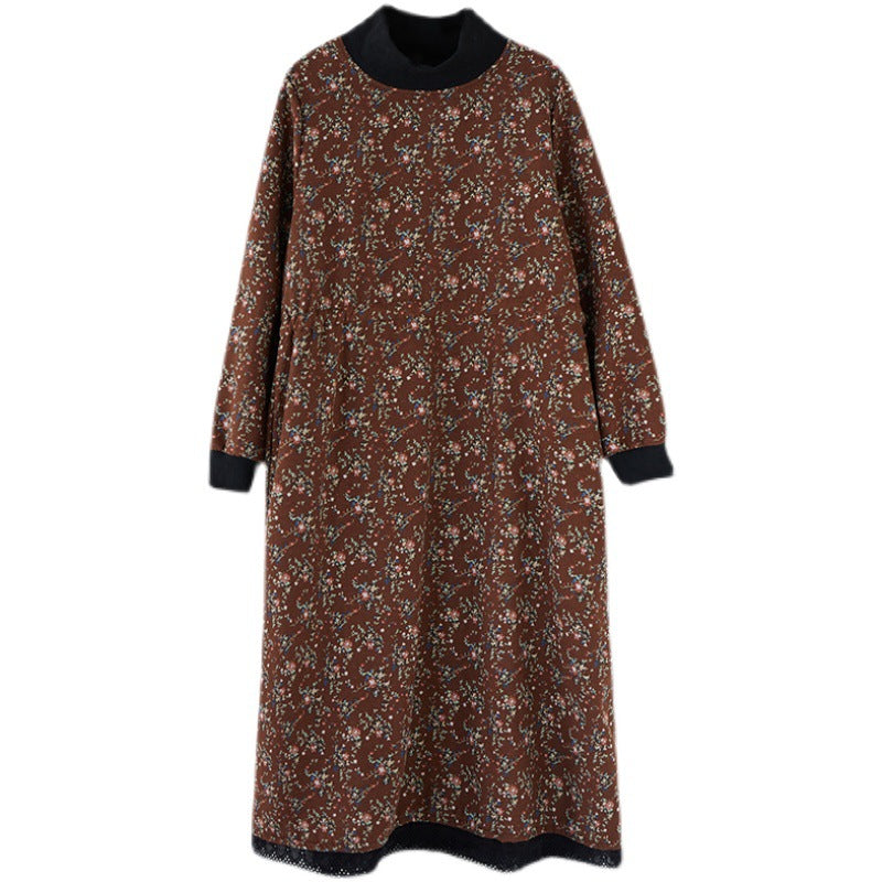 Patchwork Collar Floral Lace-Up Long Midi Dress